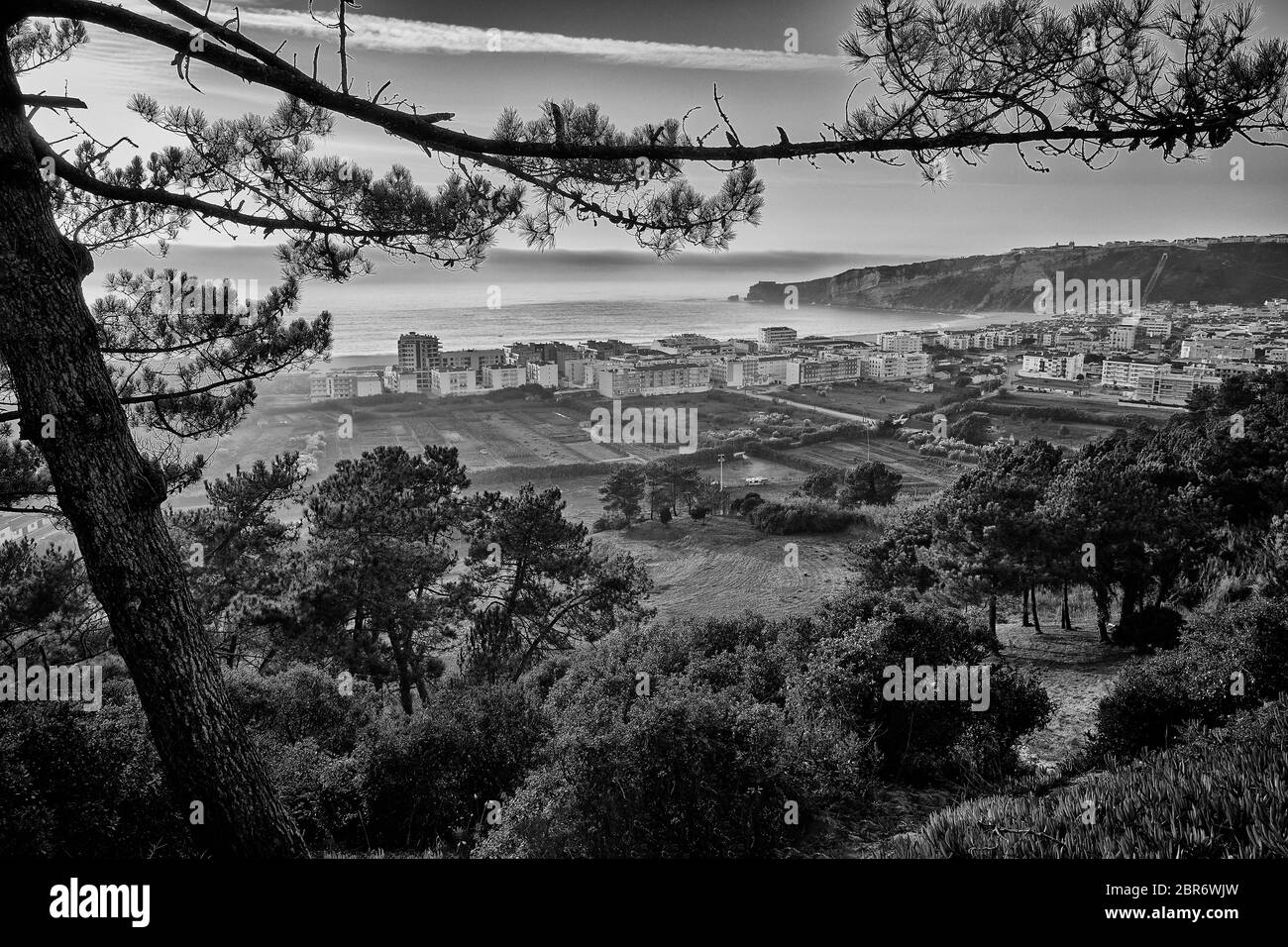 A high vantage point overlooks the Nazaré beach in Nazaré Portugal. Stock Photo