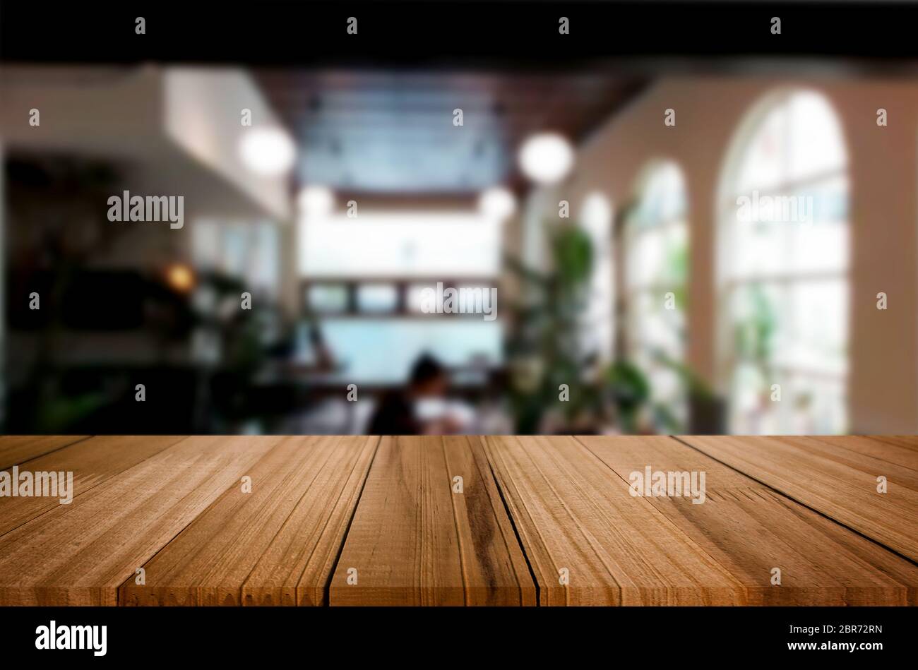 Empty wooden table and room interior decoration background, product montage display, window background. Stock Photo