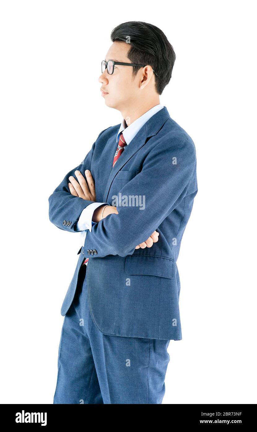 Young asian businessman portrait in suit and arms crossed over white ...