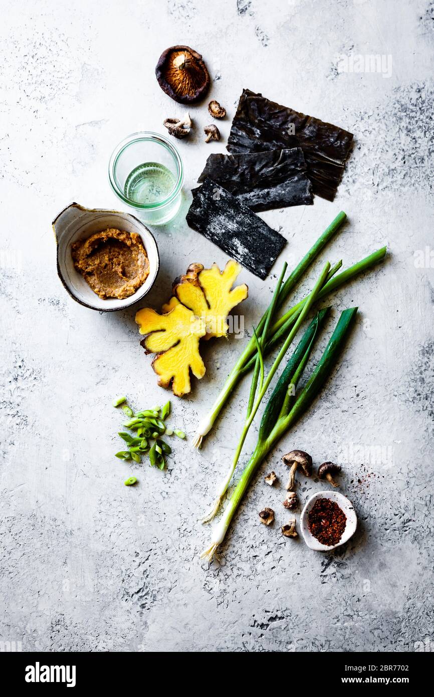 Ingredients for vegetarian miso soup. Stock Photo
