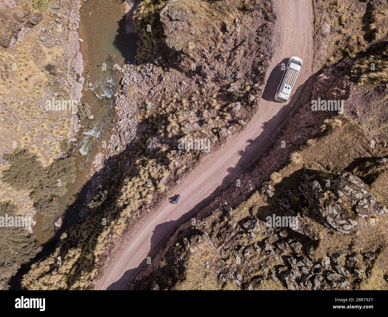 Aerial view of dangerous mountain road in Andes, Peru Stock Photo