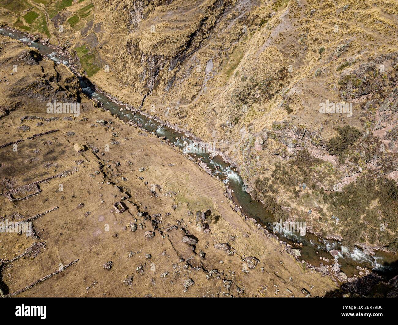 Aerial view of mountain stream in Andes, Peru Stock Photo