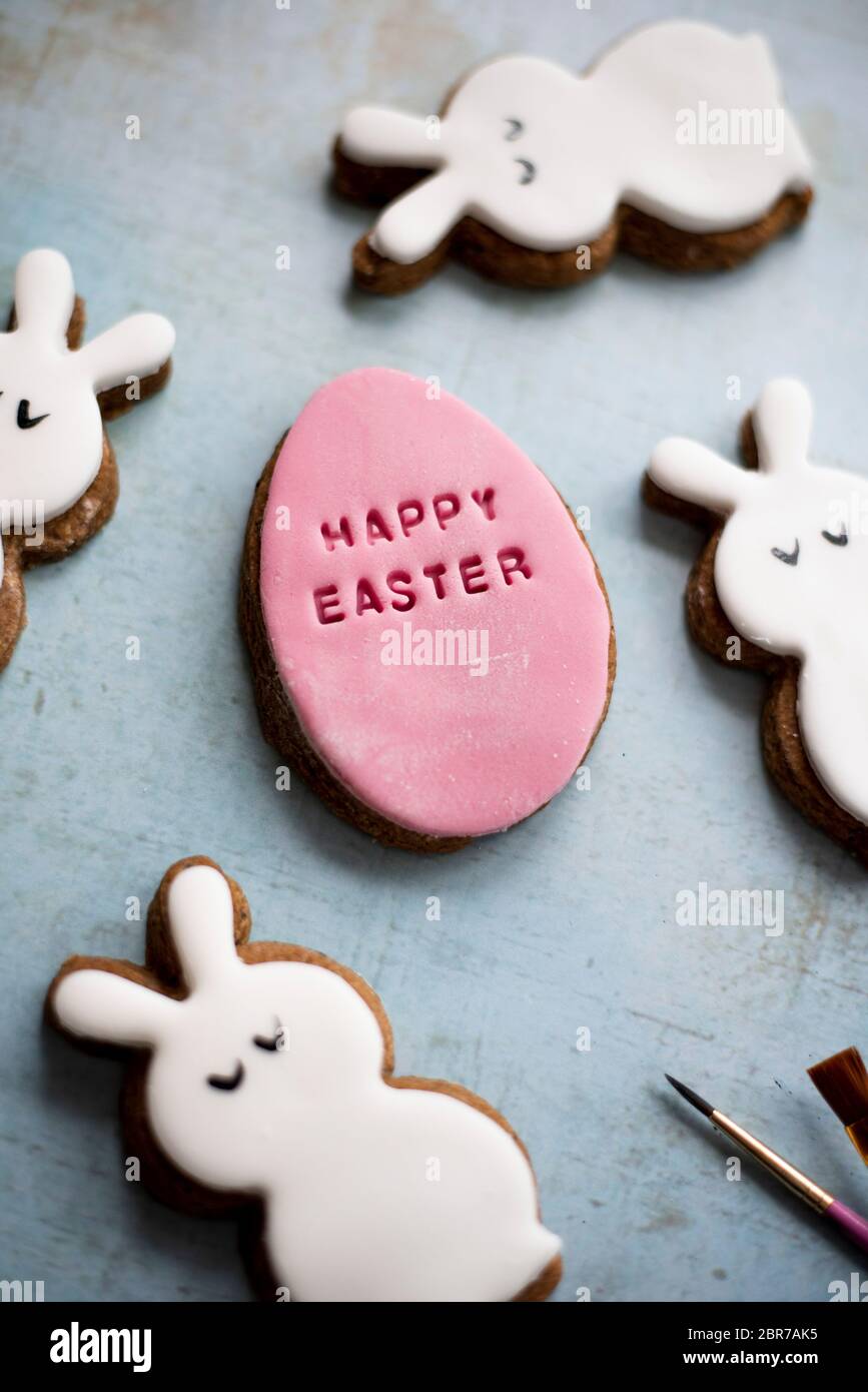 Easter Fondant Covered Gingerbread Egg And Bunny Biscuits Stock Photo