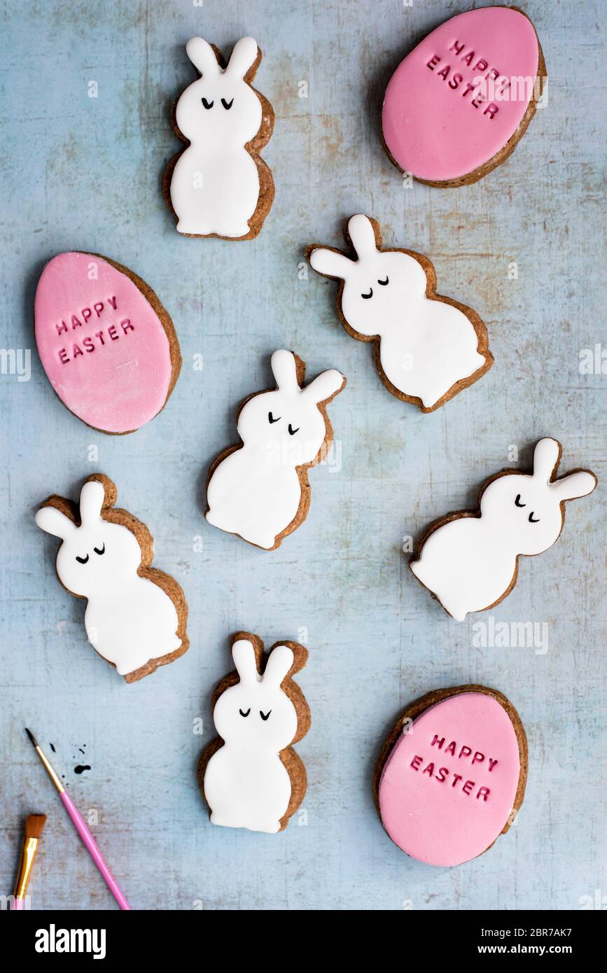 Easter Fondant Covered Gingerbread Egg And Bunny Biscuits Stock Photo
