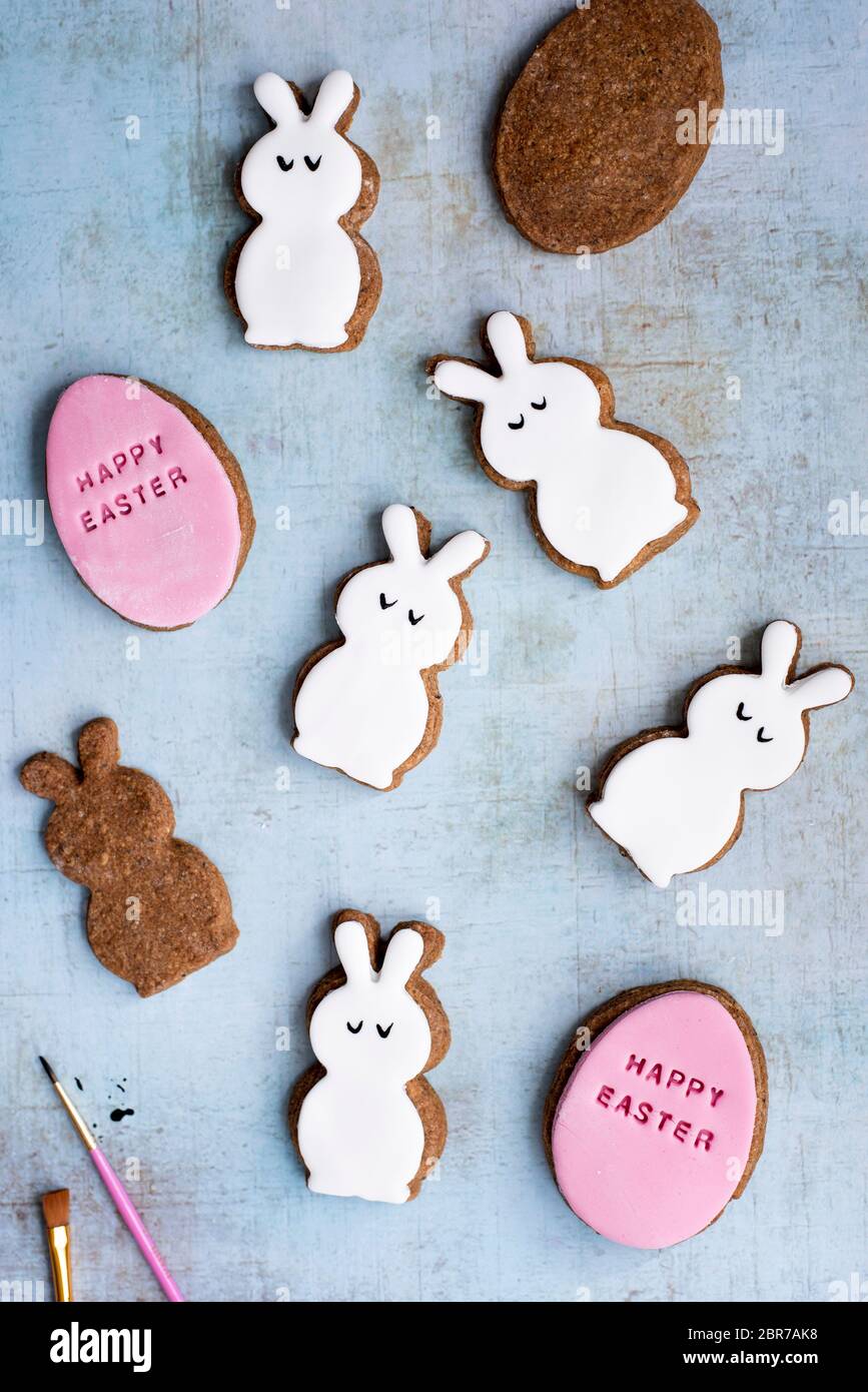 Easter Fondant Covered Gingerbread Egg And Bunny Biscuits Stock Photo