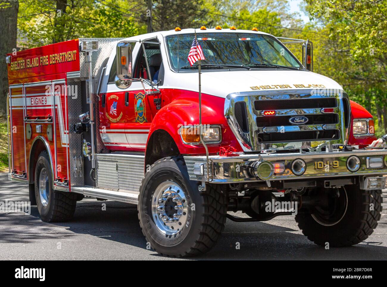 Large red and white Shelter Island fire department truck Stock Photo