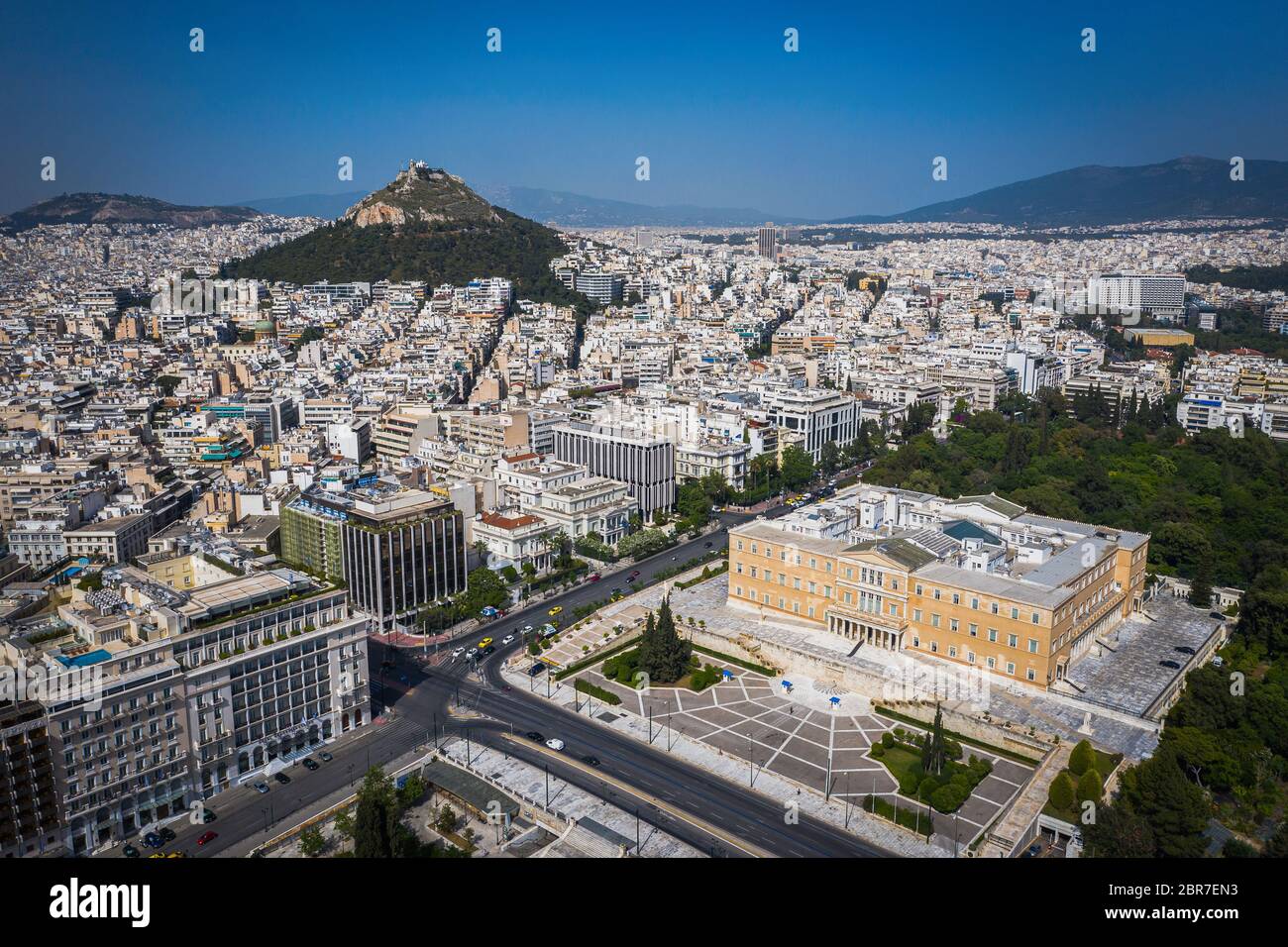 Aerial drone view of Hellenic Parliament building in Syntagma square, Athens Attica, Greece Stock Photo