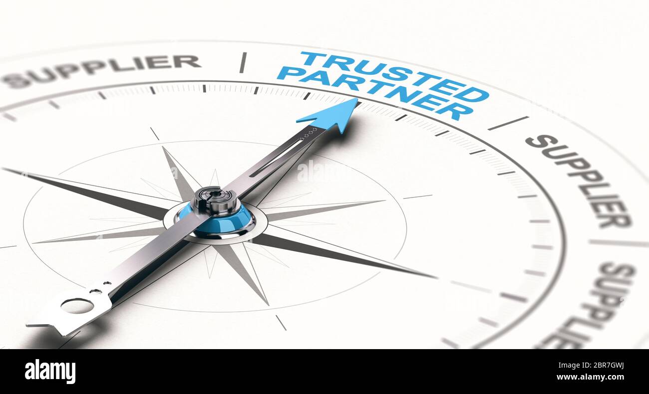 3D illustration of a compass with needdle pointing the text trusted partner. Concept of trustworthy partnership. Stock Photo