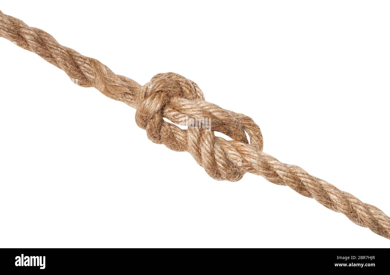 figure-eight knot tied on thick jute rope isolated on white background Stock Photo