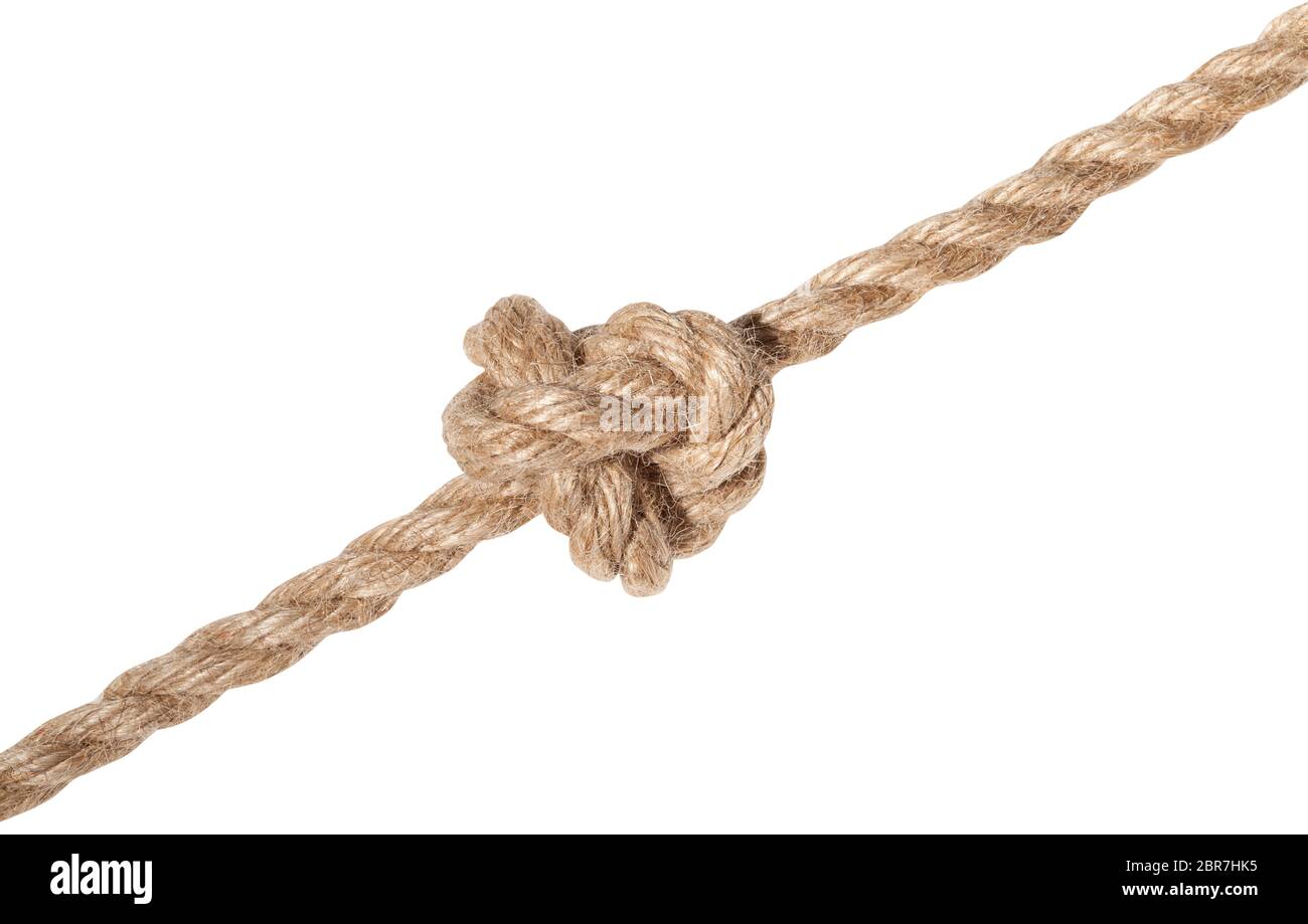 ashley's stopper knot tied on thick jute rope isolated on white background Stock Photo