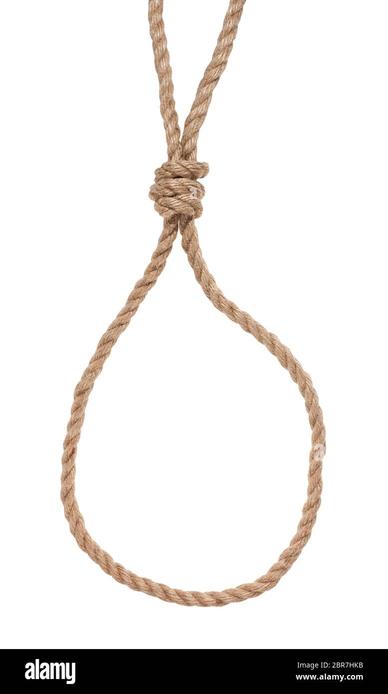 slip noose with gallows knot tied on thick jute rope isolated on white