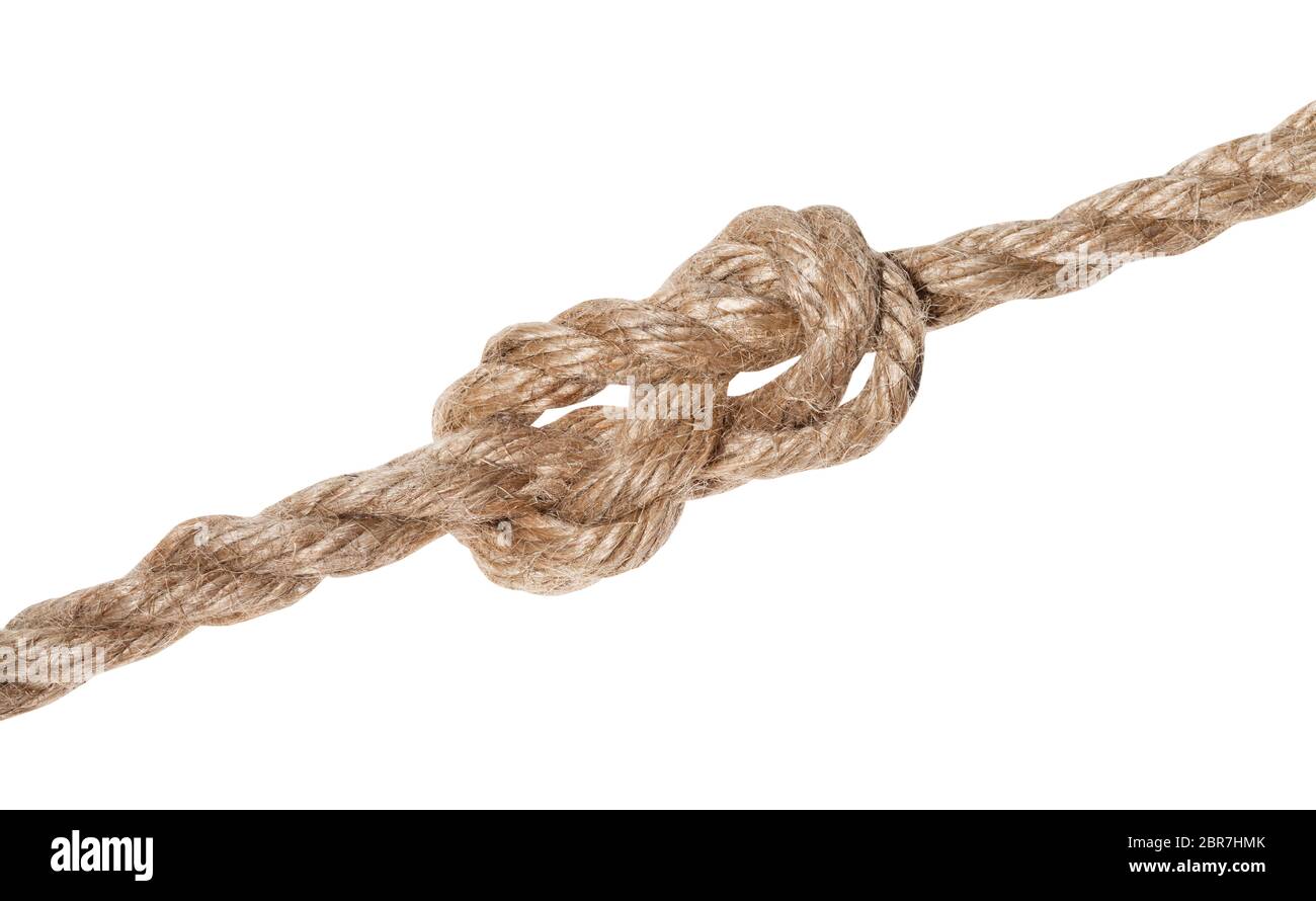 another side of figure-eight knot tied on thick jute rope isolated on white background Stock Photo