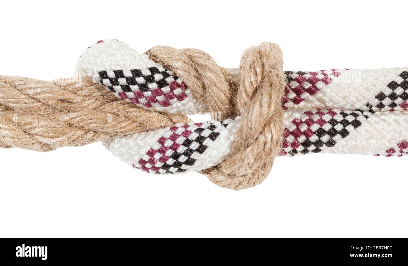surgeon's knot joining different ropes close up isolated on white background Stock Photo