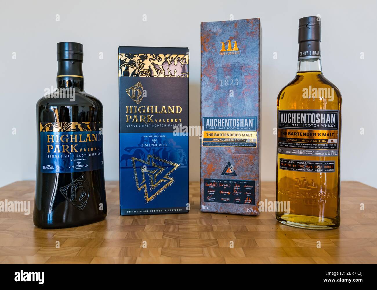 Variety of Scotch malt whisky brands and bottles: Highland Park & Auchentoshan, Scotland, UK Stock Photo
