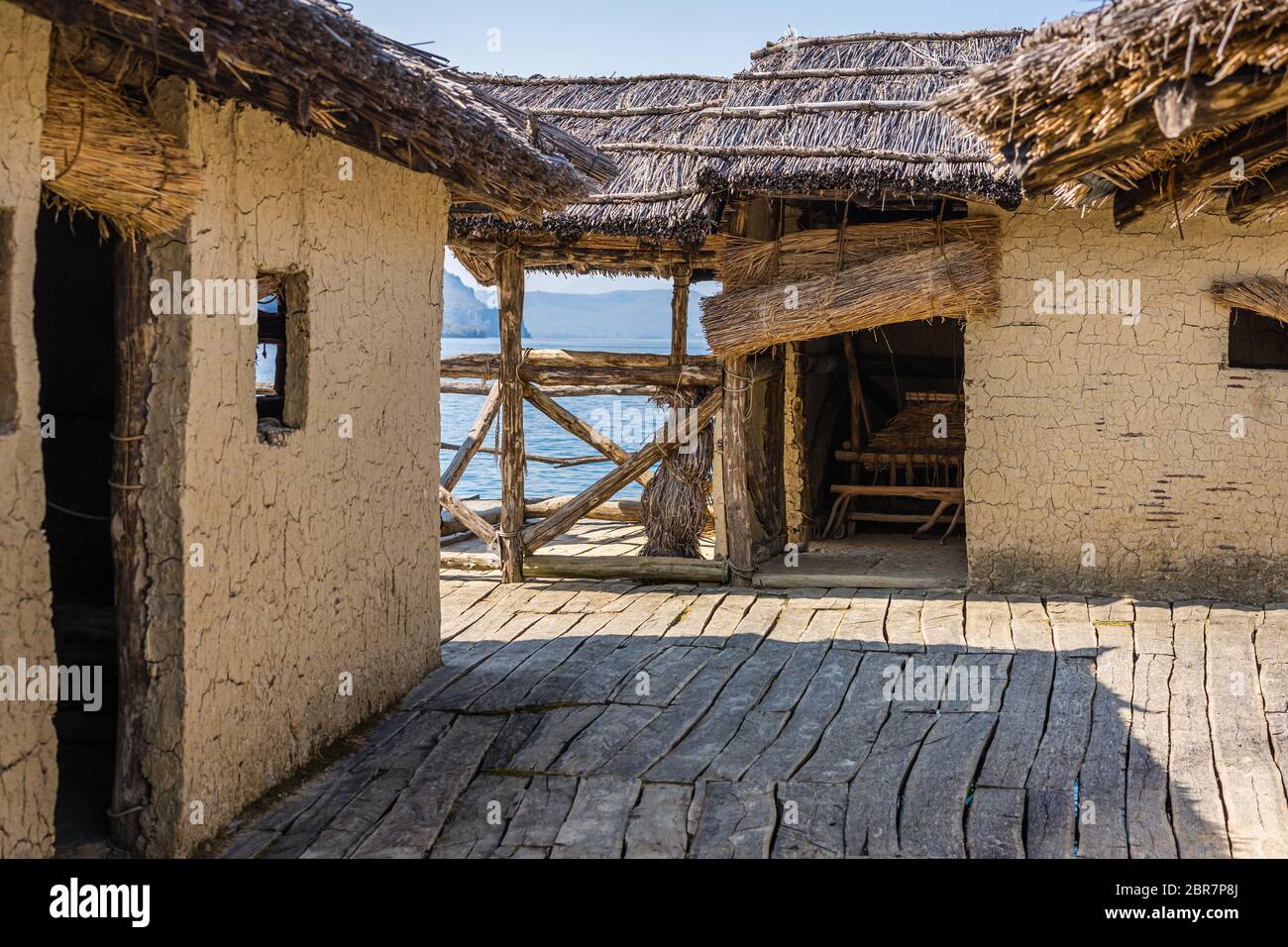 Reconstructed  old traditional huts in the Bay of the bones, Museum on water, authentic reconstruction of the pile dwelling settlement, Ohrid, Republi Stock Photo