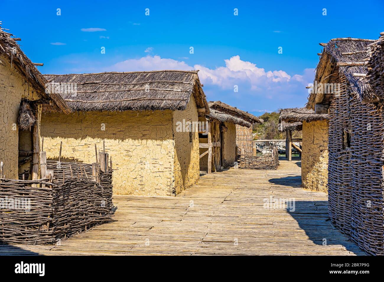 Reconstructed  old traditional huts in the Bay of the bones, Museum on water, authentic reconstruction of the pile dwelling settlement, Ohrid, Republi Stock Photo