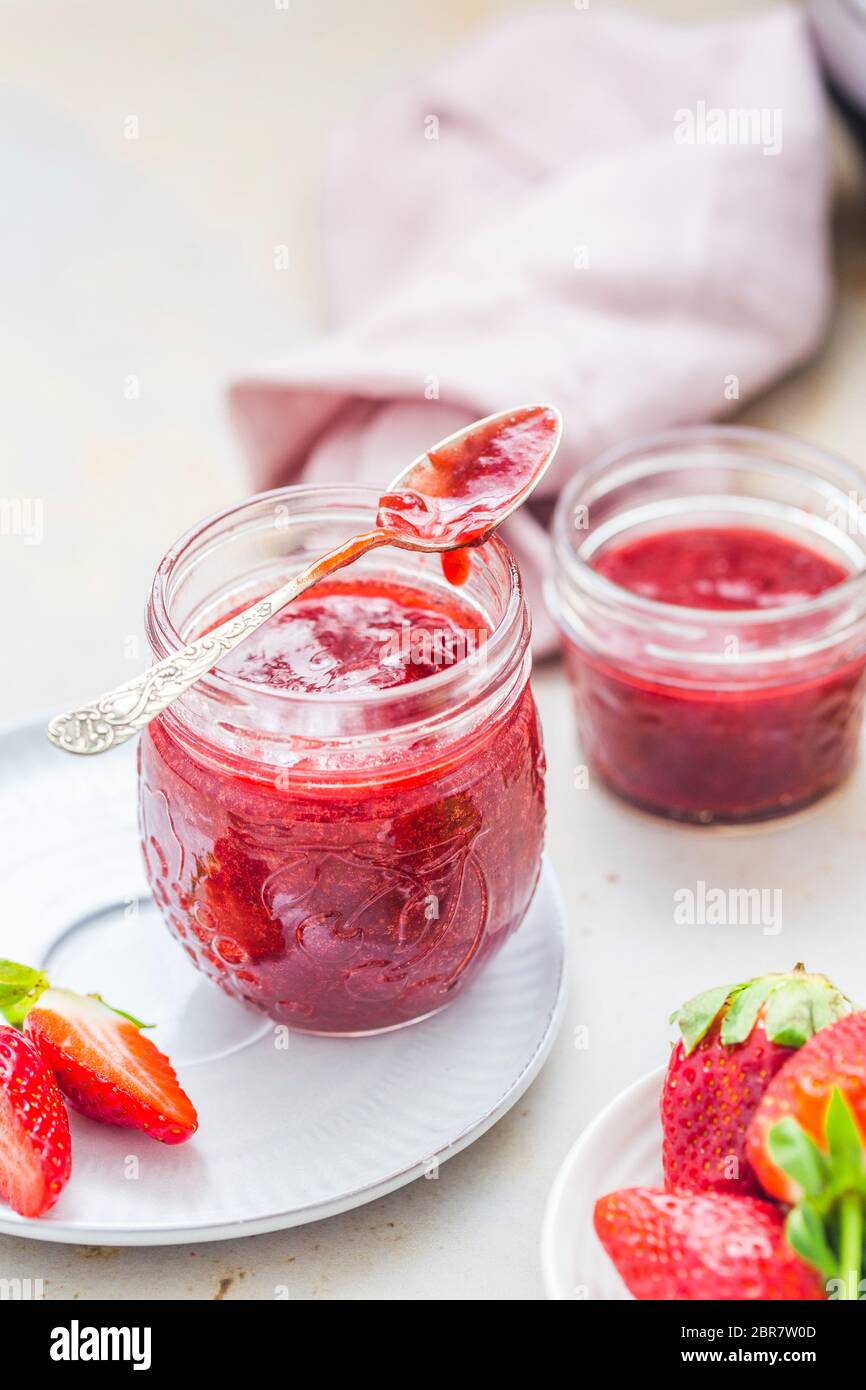Strawberry Jam in glass jars Stock Photo Alamy