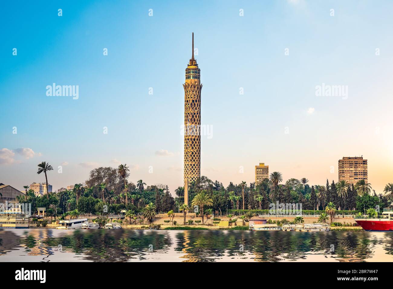 Famous egyptian TV Tower in Cairo at sunset Stock Photo