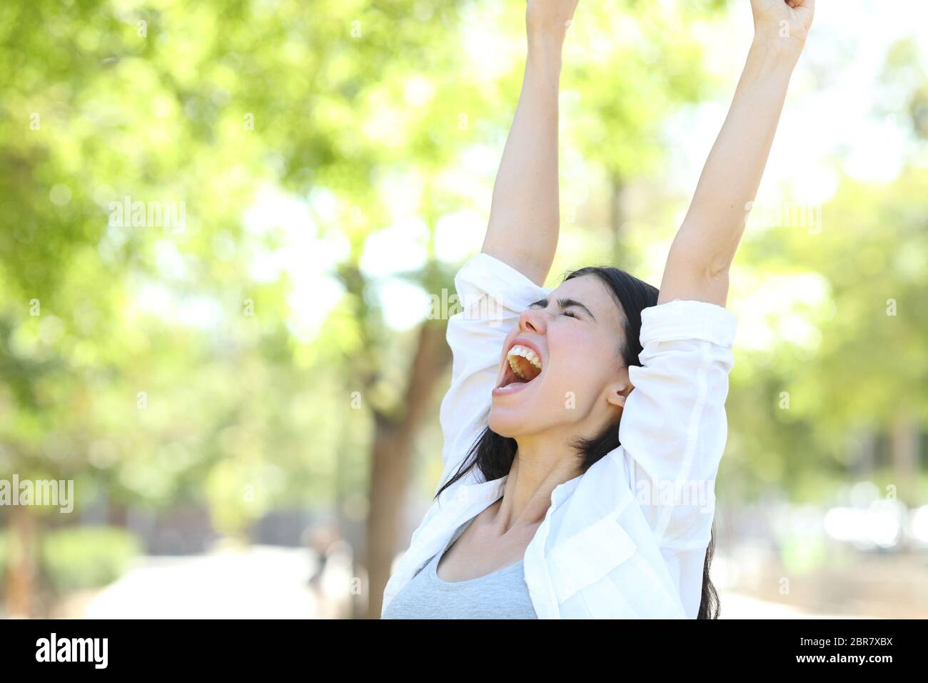 Excited woman celebrating success standing in a park raising arms Stock ...