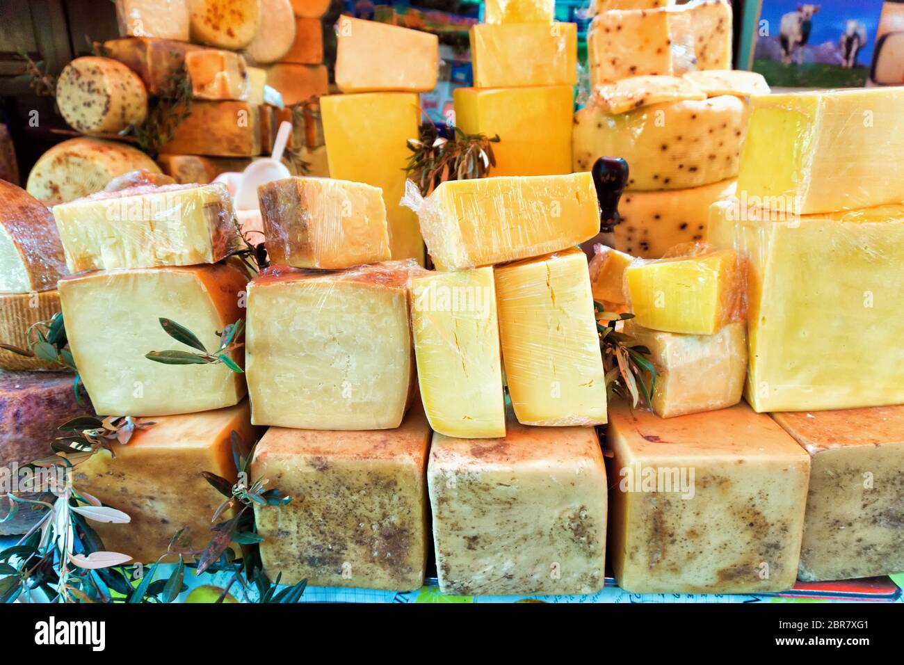 Market with variety of traditional and aged cheeses in Palermo, Italy Stock Photo