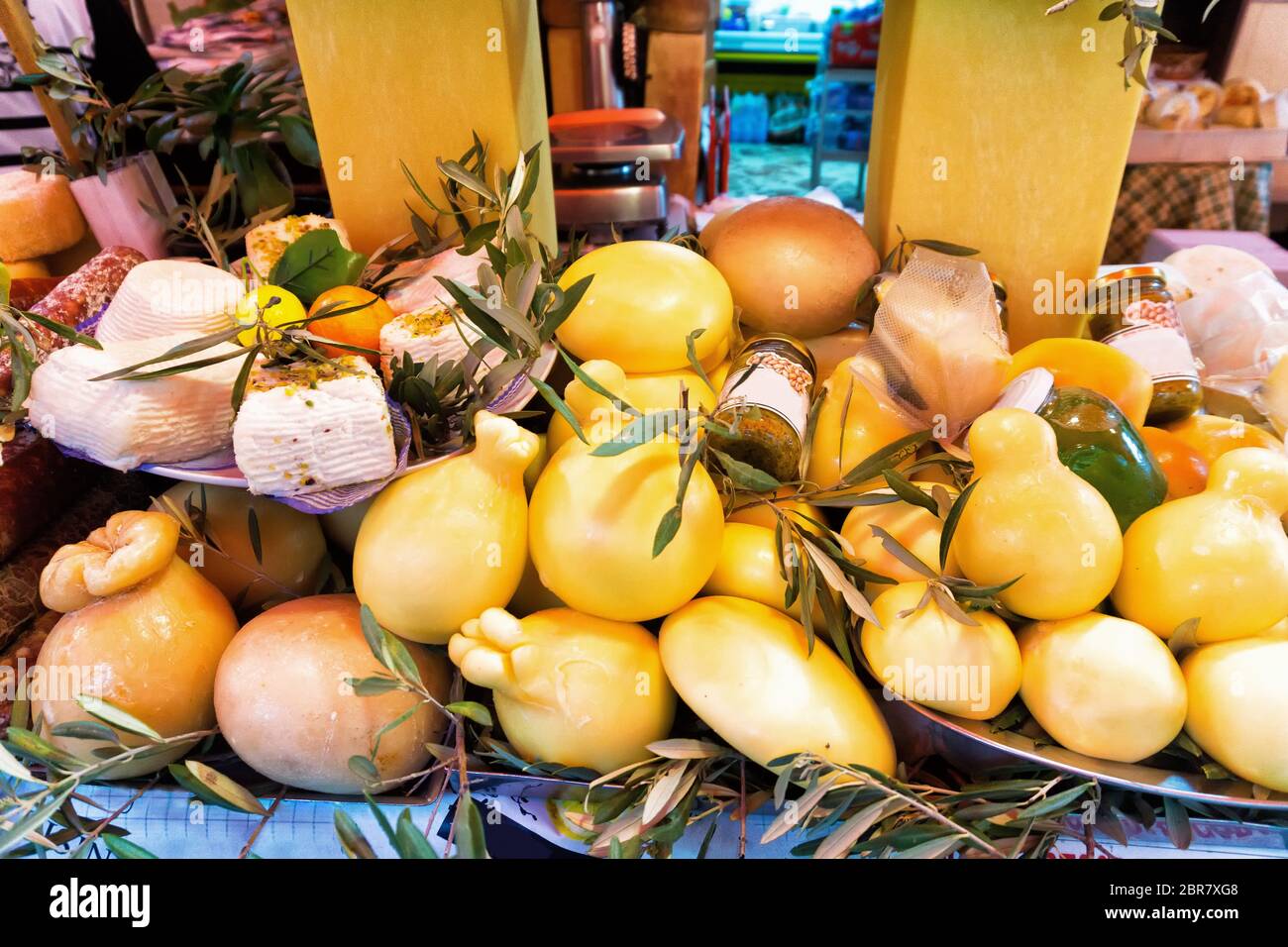 Stand with variety of traditional and aged cheeses in Palermo, Italy Stock Photo