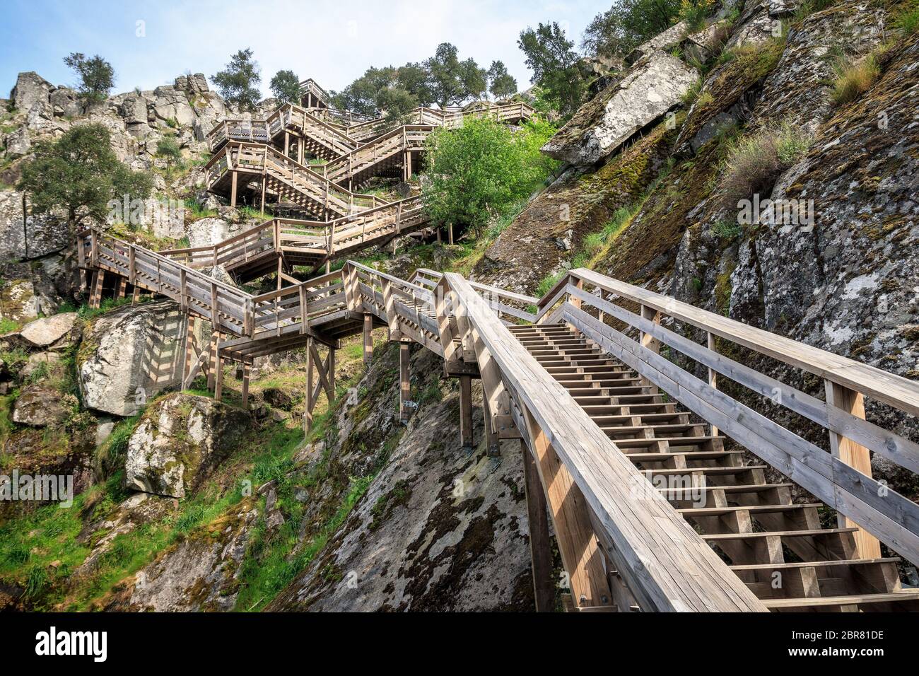 Arouca, Portugal - April 28, 2019: Staircase of the Paiva Walkways meandering through the rocky slope, near Arouca in Portugal. Stock Photo