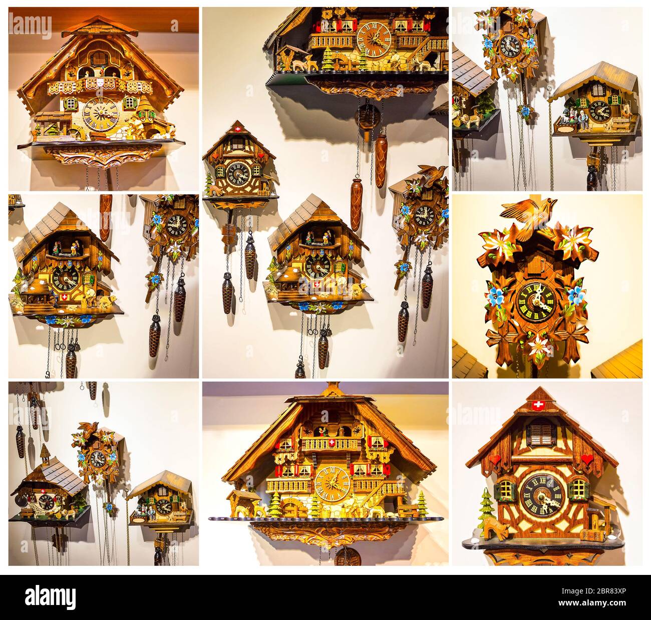 The lot of swiss wooden clocks. Collage Stock Photo