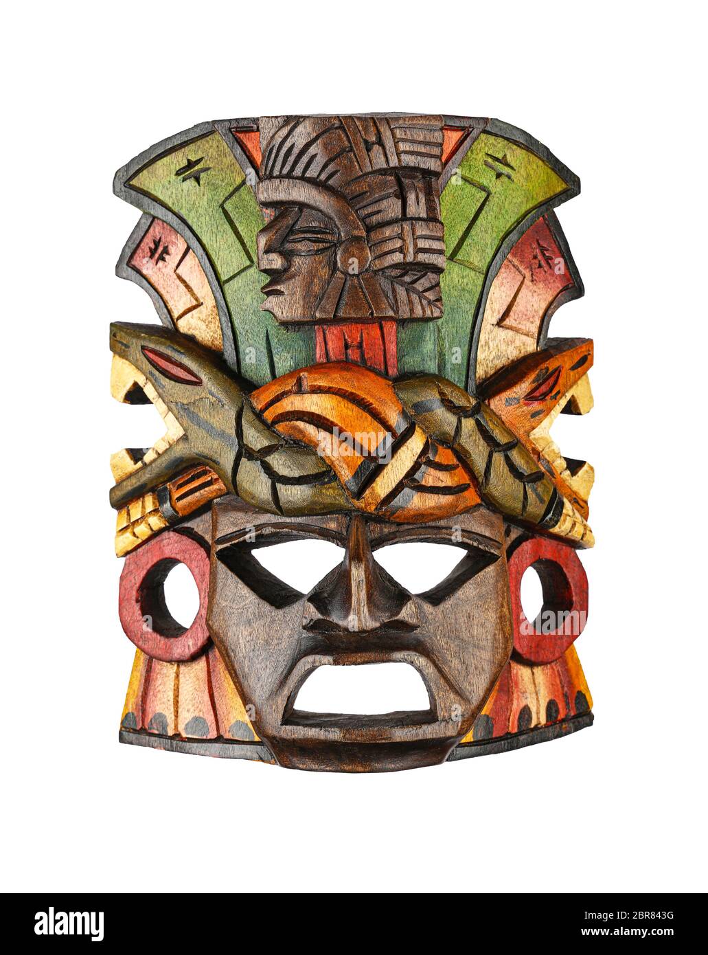 Close up one wooden carved painted traditional Aztec or Mayan Indian ...