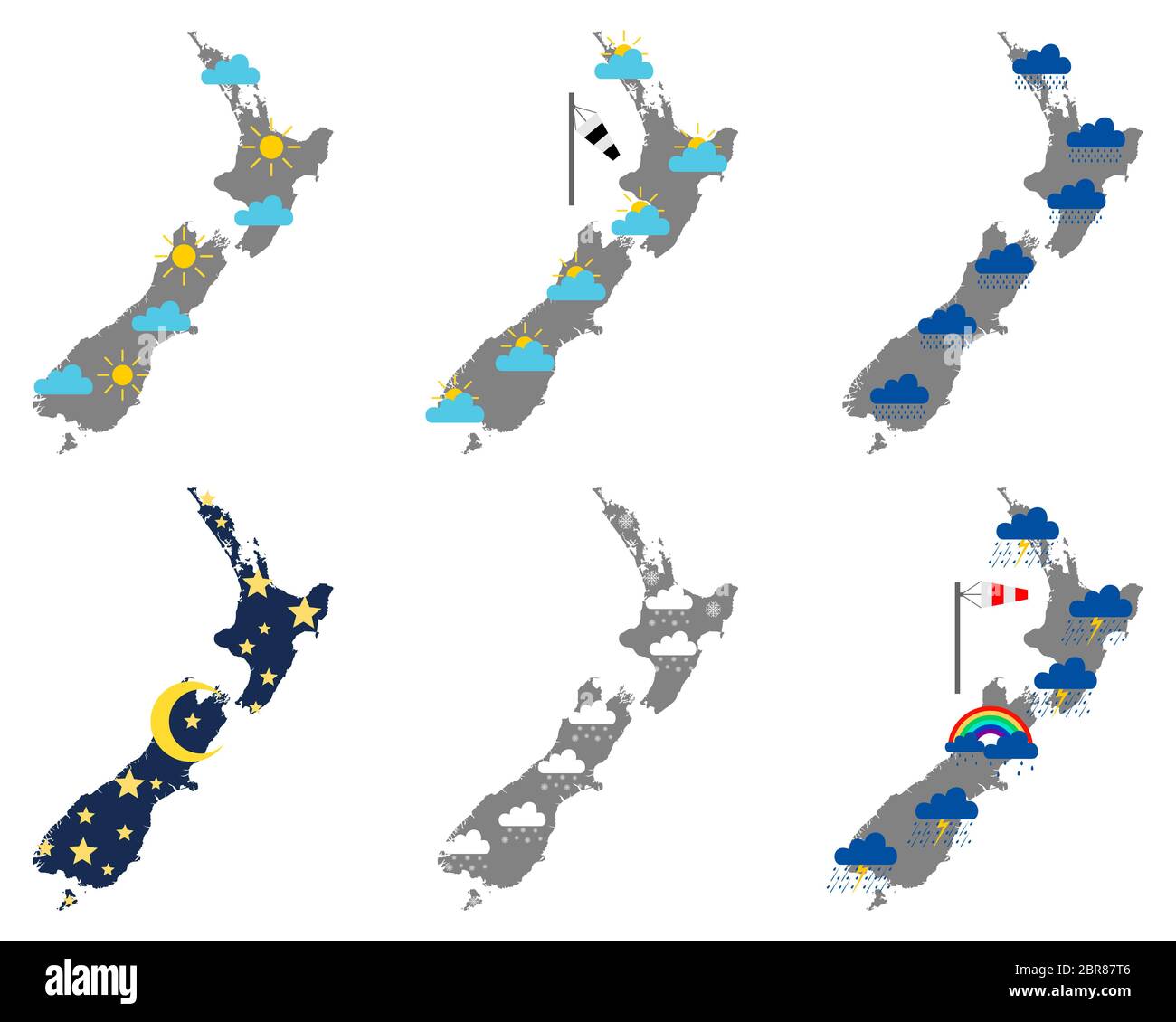 Karten von Neuseeland mit verschiedenen Wettersymbolen Stock Photo