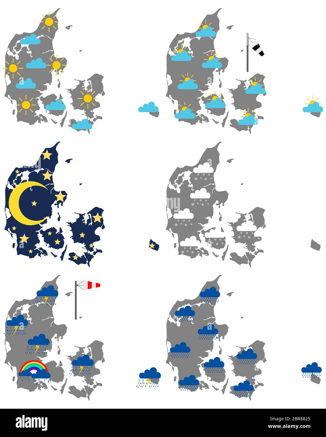 Karten von Dänemark mit verschiedenen Wettersymbolen Stock Photo