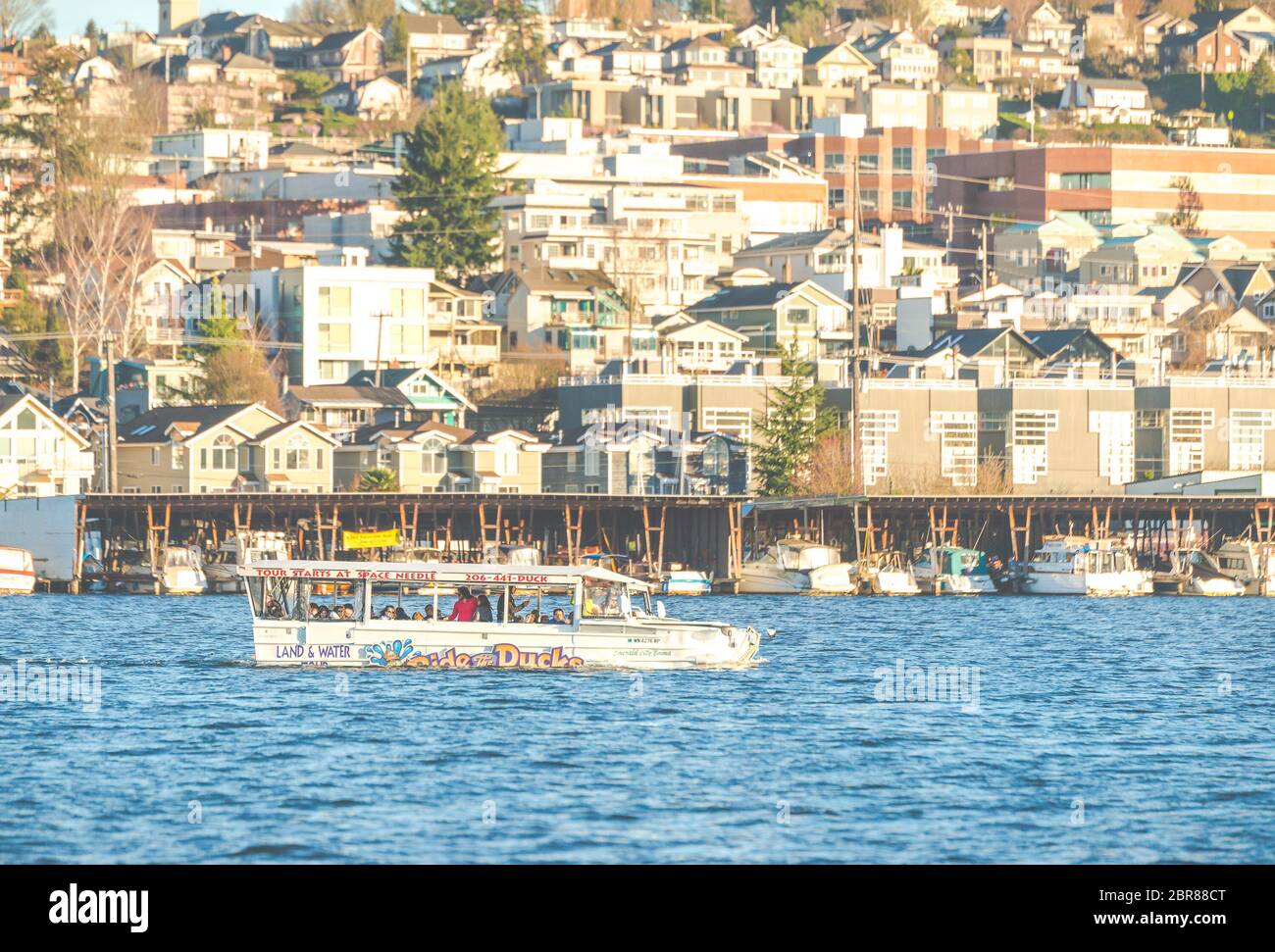 ride the duck,road-lake tour on sunny day,Seattle,Washington,USA. Stock Photo