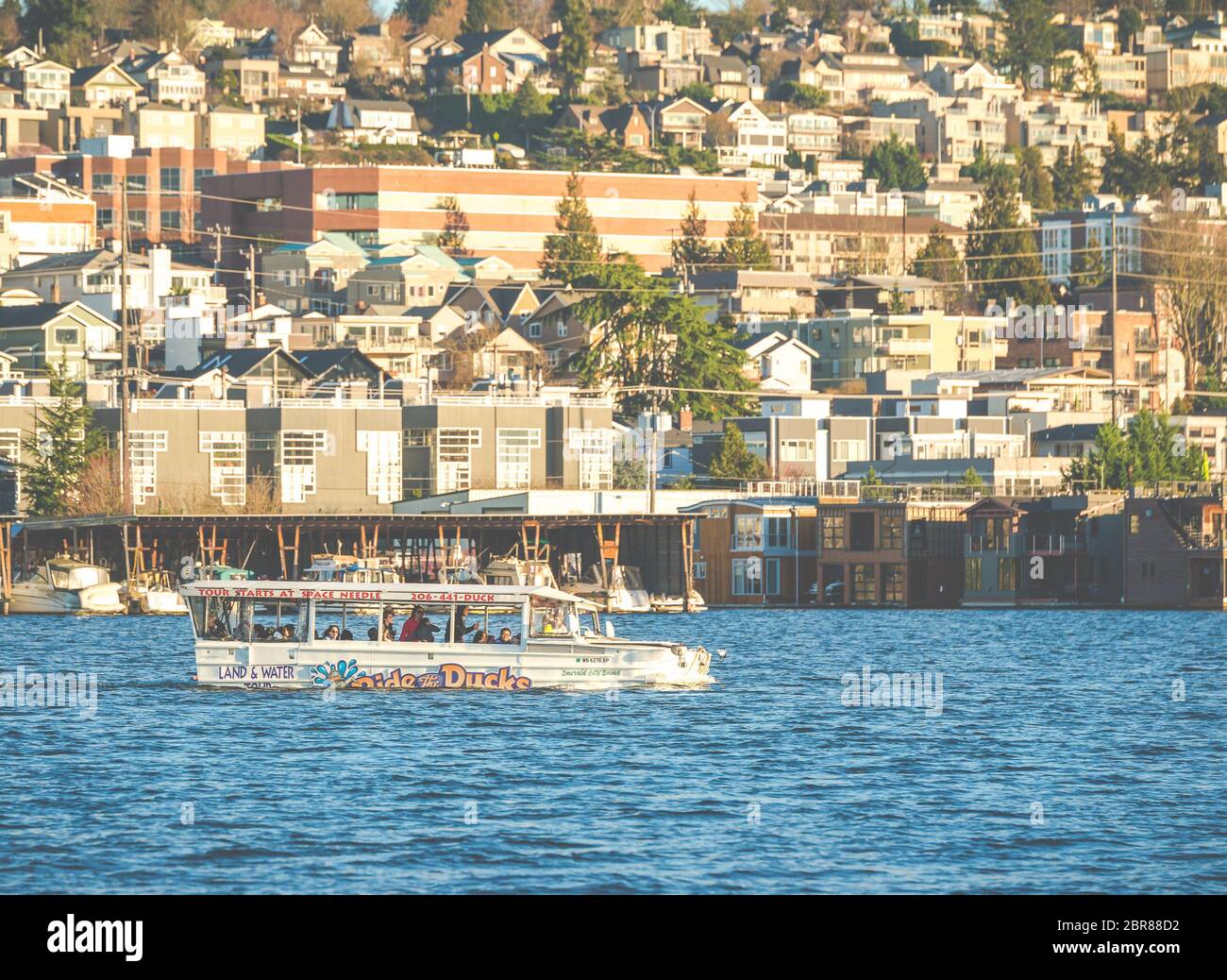 ride the duck,road-lake tour on sunny day,Seattle,Washington,USA. Stock Photo