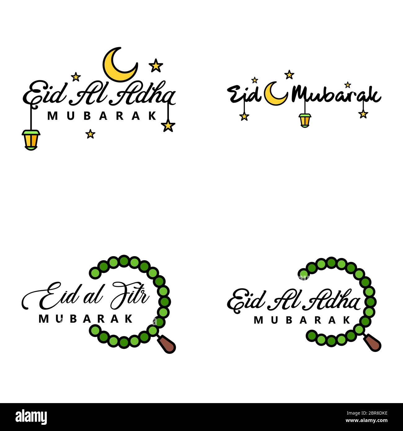 Happy Eid Mubarak. Selamat Hari Raya Idul Fitri. Eid Al-fitr Vector Pack of 4 Illustration. Best for Greeting Cards Poster and Banners. Stock Vector
