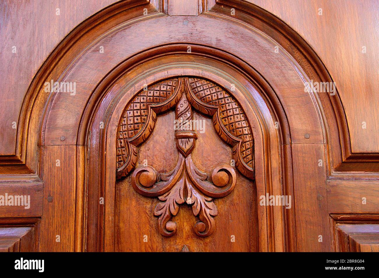 View of floral art and arch design on panel of wooden door Stock ...