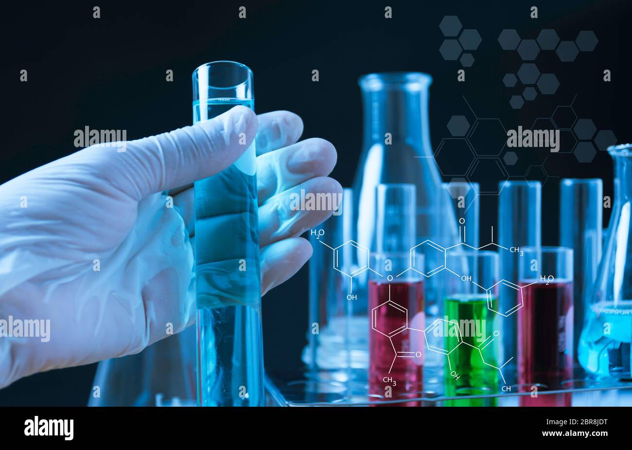 Glass laboratory chemical test tubes with liquid for analytical ...