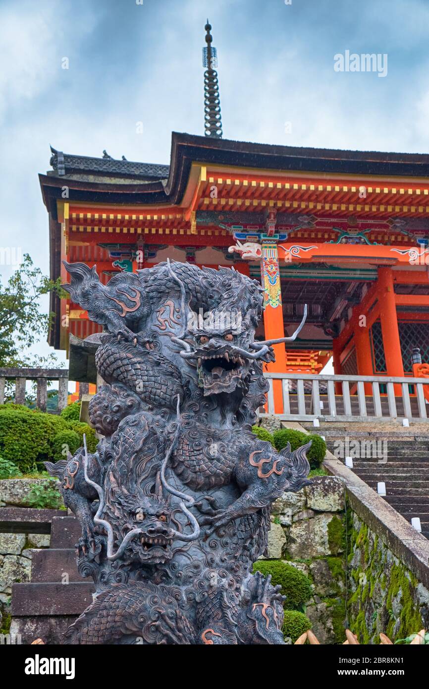 The statue of blue dragon, or Seiryuu in front of West Gate of  Kiyomizu-dera Temple.  Seiryuu is honored as an incarnation of Kannon and the guardian Stock Photo