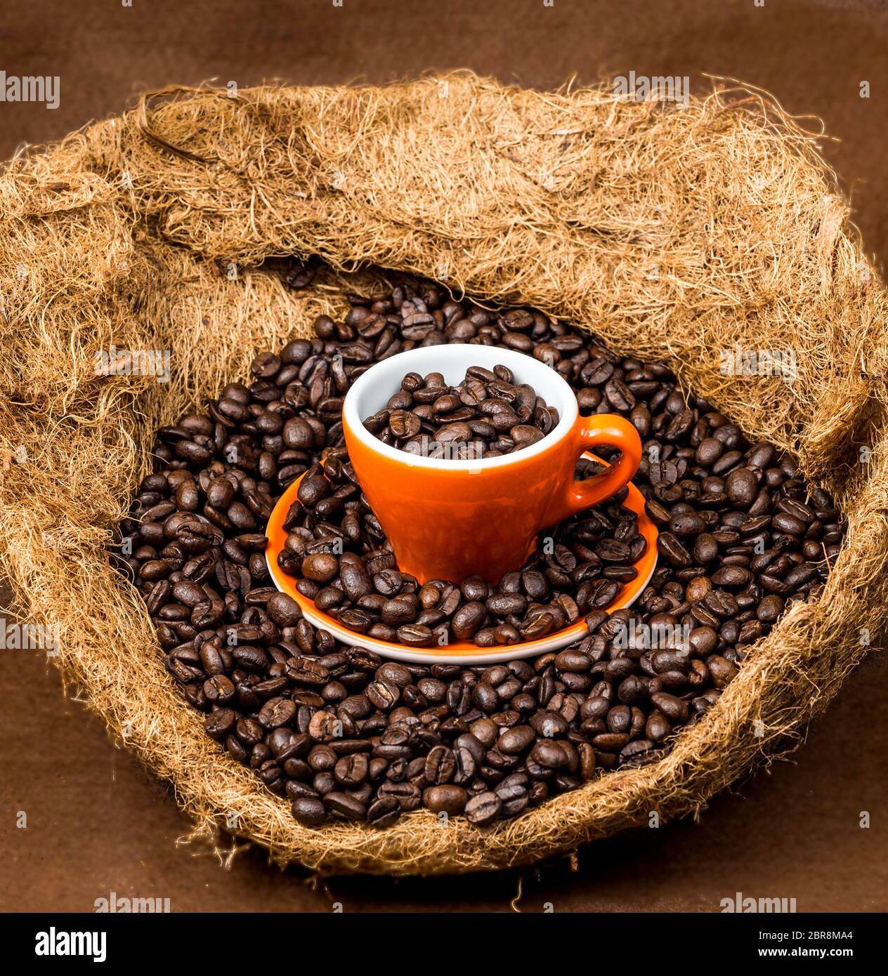 Brown roasted coffee beans, seed on dark background. Espresso dark