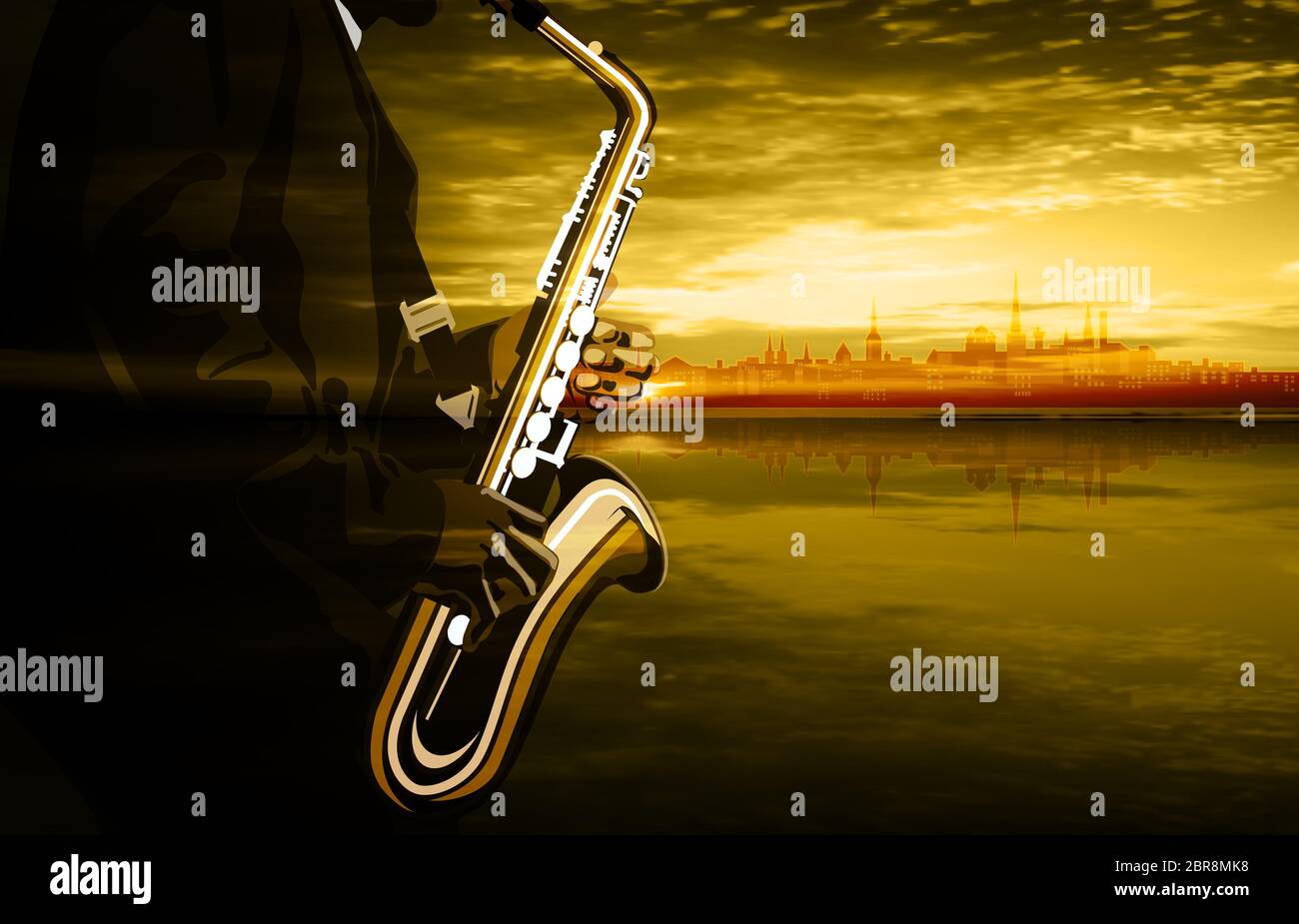 abstract gold illustration with saxophone player on cityscape