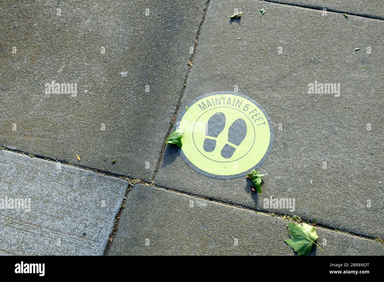"Maintain 6 feet" decal and sign on sidewalk by the door to a coffee shop in San Francisco, California; social distancing, Coronavirus pandemic. Stock Photo