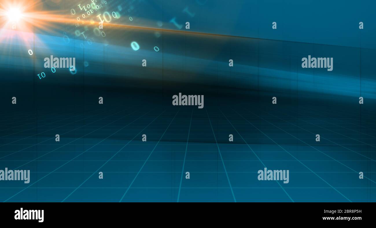 Graphical abstract technology background, 3d space and binary code with sunflare Stock Photo
