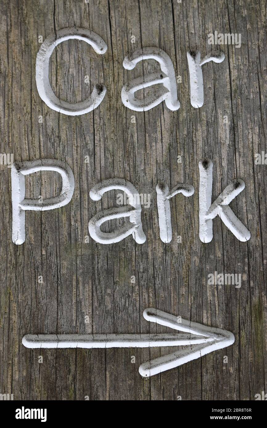 Rustic car park directional sign routed into well grained wood and with ...