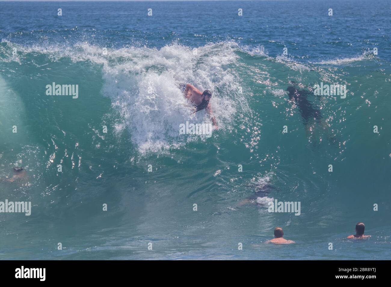 Bodysurfer riding a wave at the world famous bodysurfing location The