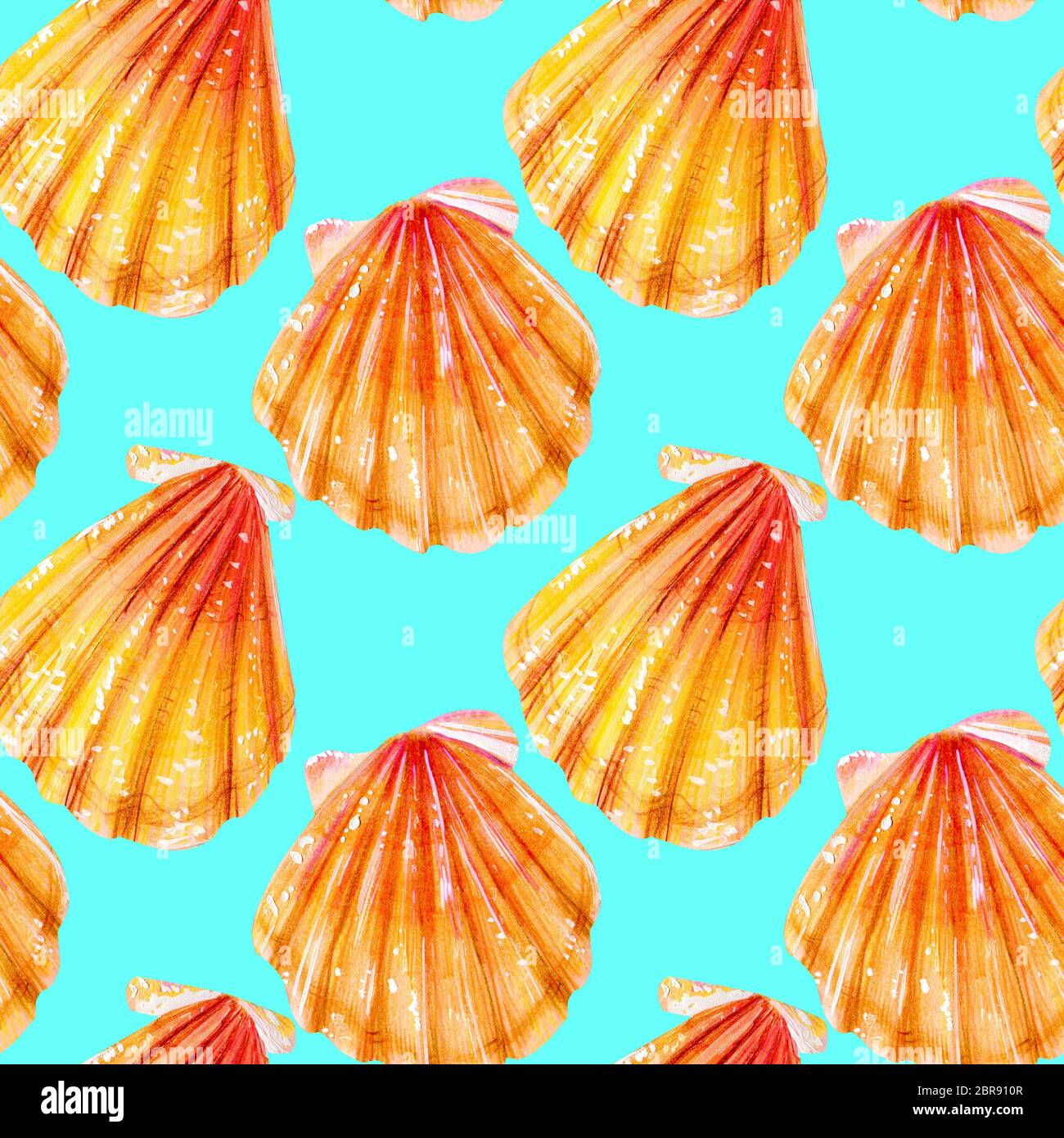 Seamless pattern of yellow scallops. Beige bivalve mollusk Pectinidae
