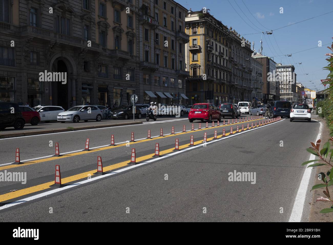Milan, Italy. 20th May, 2020. New cycle path in Corso Venezia and Corso Buenos Aires, but there are many traffic problems and a very dangerous crossroad. Project to be reviewed. (Photo by Luca Ponti/Pacific Press) Credit: Pacific Press Agency/Alamy Live News Stock Photo