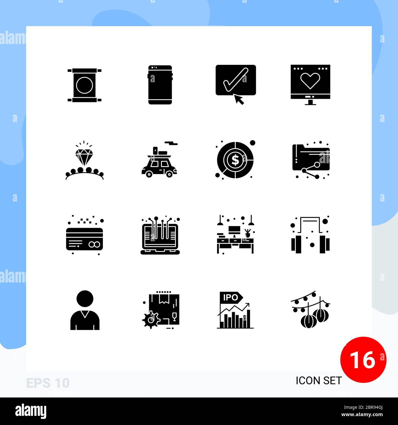 Set of 16 Modern UI Icons Symbols Signs for money, like, samsung, finance, tick Editable Vector Design Elements Stock Vector