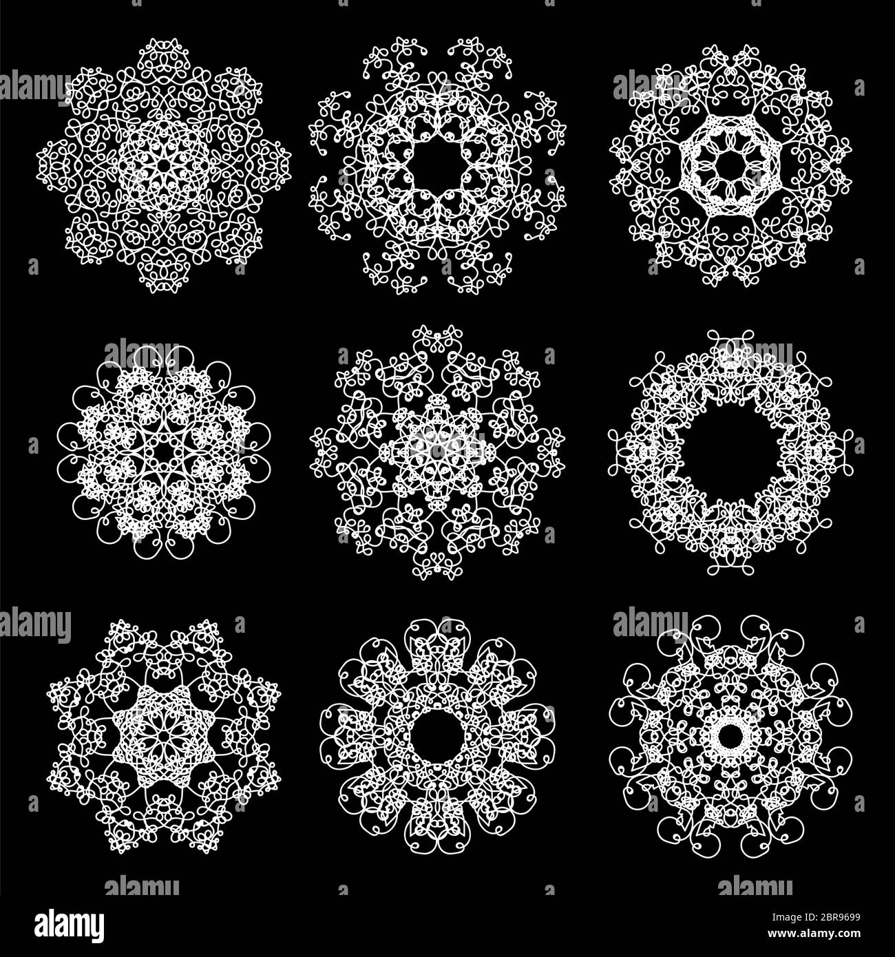Set of Different Winter White Snowflakes Isolated on Black Backgground ...