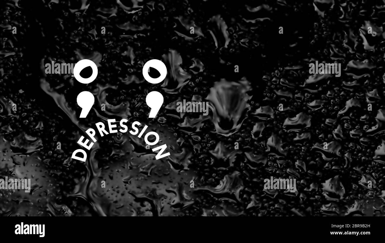 A couple of animated semicolons that looks like a sad face with rain on the background. Depression concept. Stock Photo