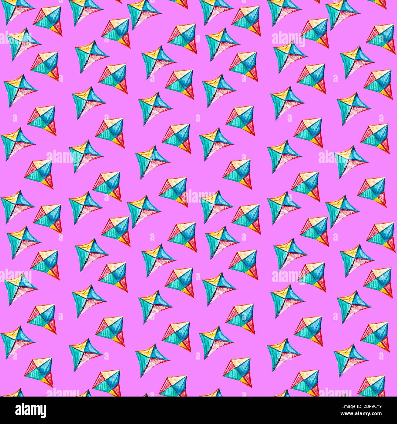 Seamless pattern with watercolor kite. Diamond-shaped cartoon multi-colored  snake on a lilac background. Sharp shapes drawn with colored pencils. Chil  Stock Photo - Alamy