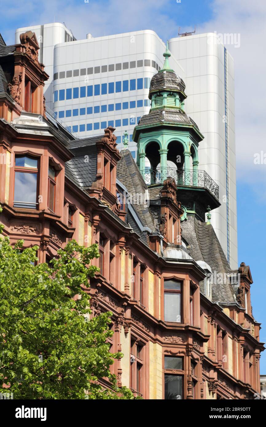Historic and modern high-rise architecture in Frankfurt, Germany. Historische und moderne Hochhausarchitektur in Frankfurt am Main, Deutschland. Stock Photo