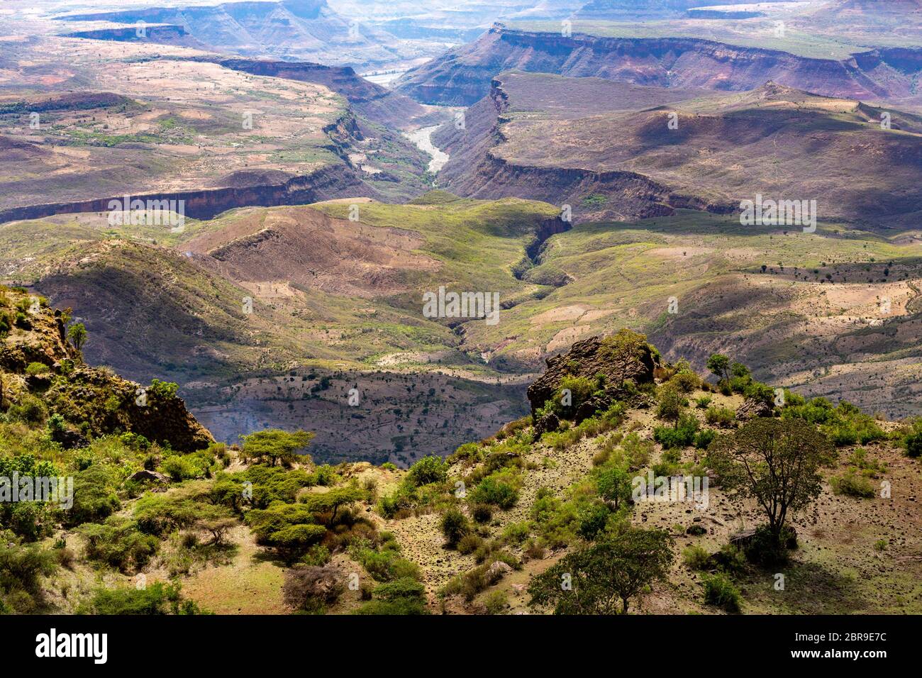 Beautiful mountain landscape with canyon and dry river bed, Somali Region. Ethiopia wilderness landscape, Africa. Stock Photo